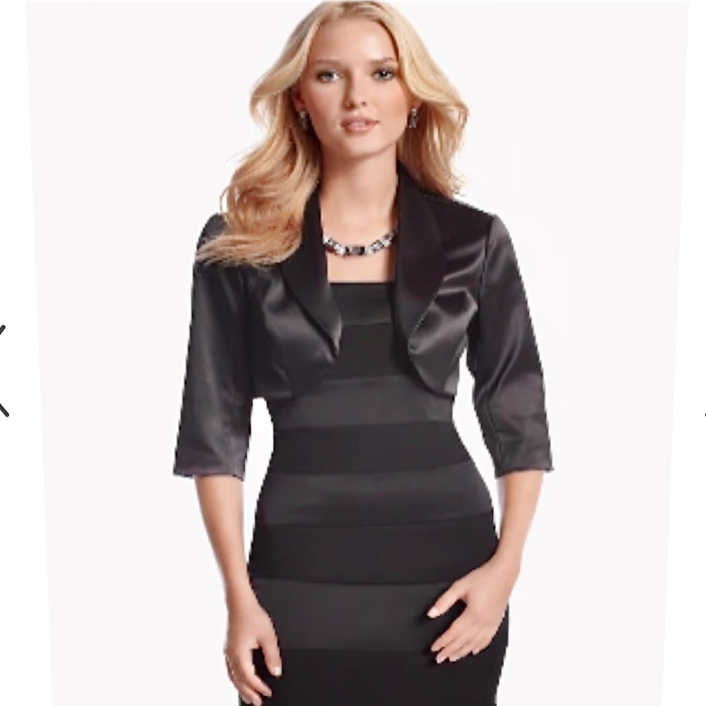 White House Black Market Black Satin Bolero Crop Jacket 3/4 Sleeves